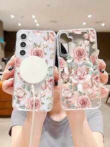 Watercolor Pink Rose Floral Phone Case Cover With Green Leaves, Magnetic Design Enables Wireless Charging, Slim Protective Back Cover For Women Elegant Flower Pattern Design Shockproof Protective Case Compatible With Samsung Galaxy S26Ultra S26Plus S26 S25 S24 S23 S22 Plus FE Edge A56 A54 A36 A35 17promax 17Air 17pro 17 16E 16 15 14 13 12 11 X XS XSMAX Plus Pro Case - Trong sáng - Xem 1