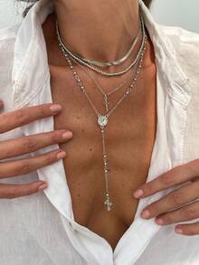 4pcs/Set Elegant Geometric Flat Snake Chain Faux Pearl Beaded Long Y-Shaped Tassel Rhinestone Cross Pendant Necklace, Luxurious Jewelry For Wedding, Party, Vacation, Daily Casual, Street Style, Women & Couples Gift - Necklace - View 4