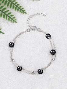 1pc S925 Sterling Silver Minimalist Black Bead Bracelet, Women's Luxury Layered Fashion Bracelet, Versatile Accessory Gift - Beads - View 2