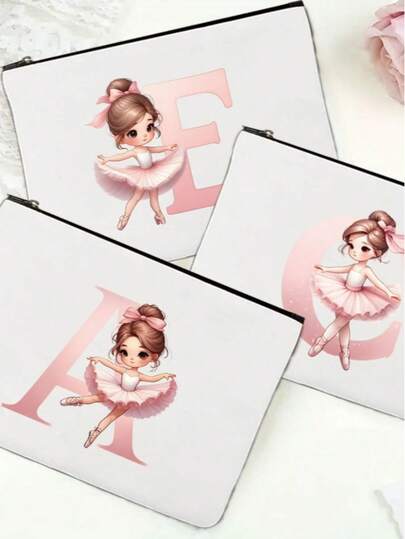 1pc Pink Ballet Girl & Letter Print Personalized Makeup Bag, Music Girl Pattern Cosmetic Storage Pouch, Personalized Letter Music Festival Bridesmaid Gift Makeup Bag,Pouch,Makeup Pouch,Travel Essential