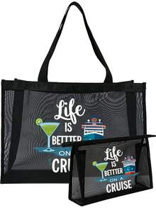 Nautical Style "Cruising Life Is Better" Mesh Tote Bag Set, Cruise Ship Theme, Reusable Lightweight Fabric Shoulder Bag With Portable Makeup Bag, Suitable For Daily Commuting, Travel, And Holiday Parties,Camping, Cruise Vacations, Beach, Ocean And Everyday Use, A Gift For Cruise Enthusiasts - Multicolor - View 18