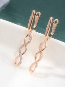 1 Pair Fashionable & Elegant Long Earrings, Luxurious Interwoven Design. The Elegant Earring Combination Is Made Of Zirconia, Suitable For Daily And Holiday Wear, A Perfect Gift For Her - Rose Gold - View 4