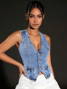 Chaleco vaquero para mujer sin mangas, cuello en V, corte ajustado, con botones, top vaquero, chaleco - Azul - Ver 4
