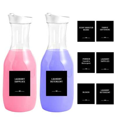 2个33盎司/50盎司塑料洗衣液分配瓶，带标签，宽口设计方便灌装，适用于洗衣液、柔顺剂、漂白剂、香珠等，可用于洗衣房、厨房、浴室、公共区域。