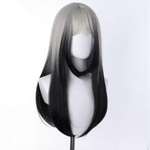 26 Inch Medium Straight Synthetic Hair Wig, Ombre Black To White Full Head Wig, High Density Long Hair Wig For Women - Black - View 12