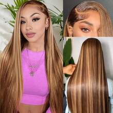 直发蕾丝前假发，真人前额发，30英寸，13x4蕾丝前假发，原生发，200%密度，高清透明骨直混合发假发，4/27蜂蜜金，预先拔毛漂白，细小发结，女士真蕾丝前假发 - S4/27 - 查看 9