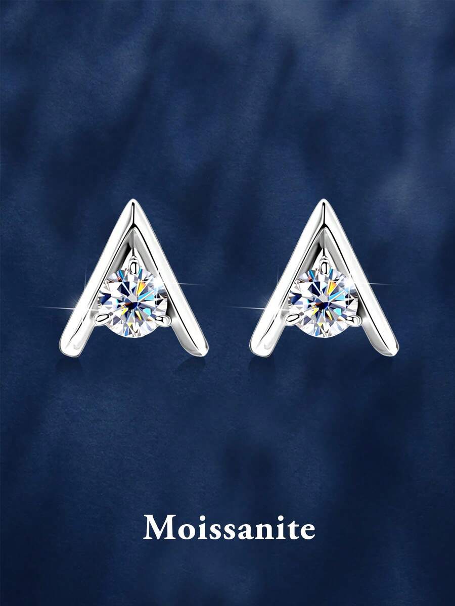 2pcs Fashionable & Exquisite 925 Sterling Silver 0.5Carat X 2 Moissanite Stud Earrings, Suitable For Women's Daily Wear, Party, Holiday, Mother's Day, Wedding Anniversary, Birthday Jewelry Gift - Silver - View 1