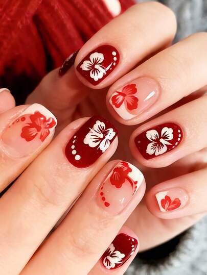 瞬间提升您的美甲造型！24片装短方形按压式假指甲，优雅复古别致，红白撞色夏威夷花卉波点条纹设计，斜面法式按压式美甲，时尚酒红色底色搭配芙蓉花图案，全覆盖式假指甲贴片，适合女性和女孩。内含1张粘合贴片和1个迷你指甲锉，果冻凝胶材质，随机发货。