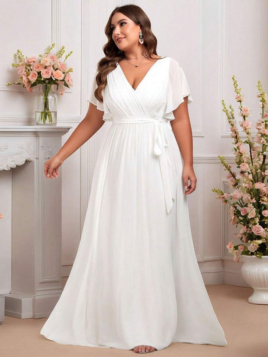 EVERPRETTY Plus Size Women's Fitted Solid Color Ruched V-Neck Ruffle Sleeve Formal Dress, White Elegant Gown, Wedding Dress, Bridal - White - View 1