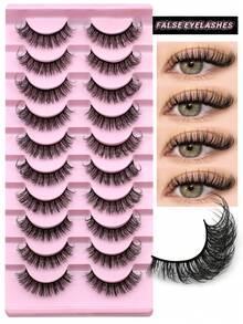 GROINNEYA 10对装蓬松俄罗斯3D水貂毛假睫毛，纤长浓密，打造猫眼妆效，奢华丰盈，整条式设计，自然柔软，打造最美妆容，旅行必备化妆工具 - 俄羅斯條狀假睫毛 - 查看 8