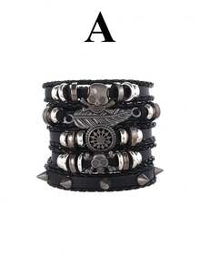 Skull Leather Bracelets For Men Retro Vintage Braided Punk Bracelet Set For Man Woman - Black - View 9