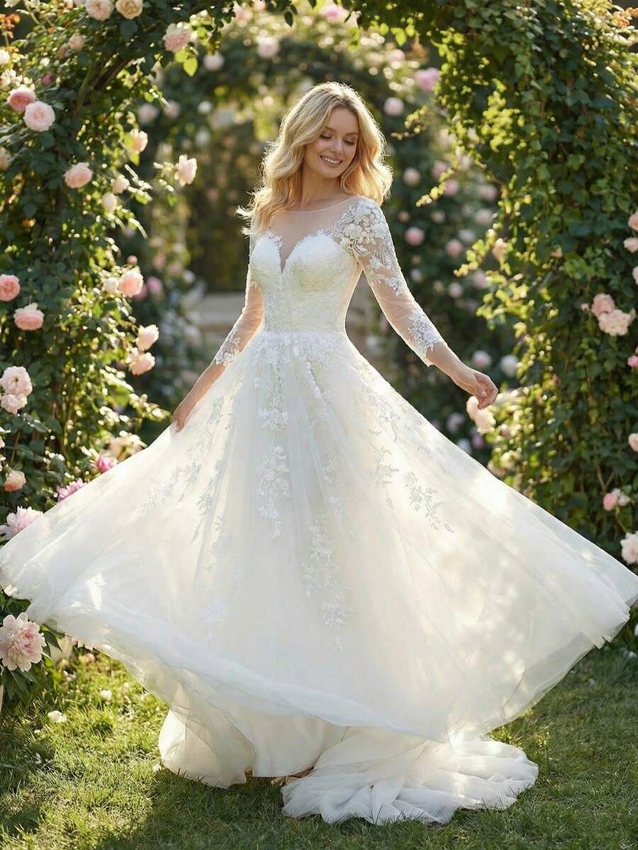 2025 New Long Sleeve Lace Embroidered Sequin Long Elegant Wedding Dress For Bridal Ceremony - Beige - View 1