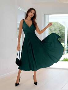 优雅性感V领无袖中长款派对连衣裙 - 墨綠色 - 查看 1