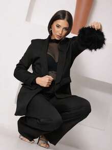 Elegant Women's Tailored Suit With Blazer And Wide-Leg Trousers For Work, Casual, Party, Fabric, Pocket, Button, Zipper. Blazer And Wide-Leg Trousers Set For Baby Shower, Formal Office And Evening, Spring, Autumn. - 黑色 - 查看 4