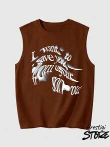 Men's Tank Top To Save You 100% Cotton Crew Neck Comfortable Streetwear Casual Summer Breathable Gym Fitness - 鏽棕色 - 查看 2