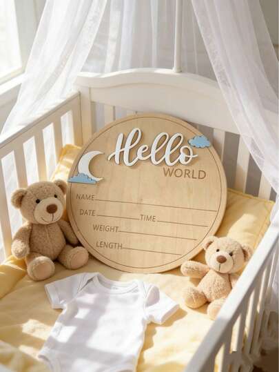 1pc "Hello World" Wooden Milestone Sign, Ideal For Baby Christening Gift, Home Or Kids Room Decor, Newborn Photography Prop, Handmade Marker, Memento, Durable Wood, Milestone Marker, Suitable For New Parents And Parties, Suitable For New Parents And Teen Showers, Gift For Expectant Mothers, Baby Shower Gift, Newborn Welcome Sign