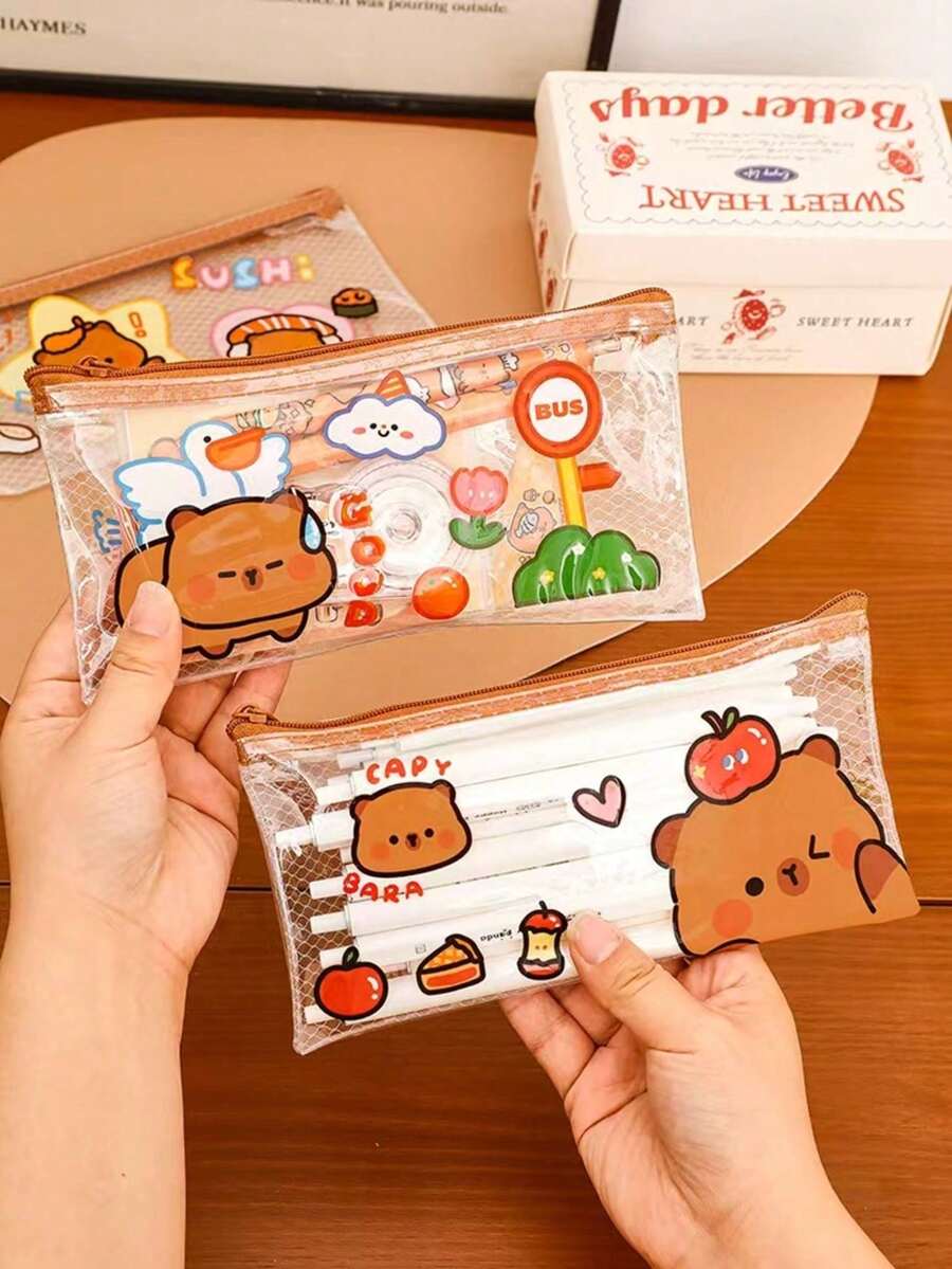 1个水豚铅笔盒，卡通透明网状收纳袋，PVC文具整理袋，可爱水豚大容量铅笔袋 - A - 查看 1