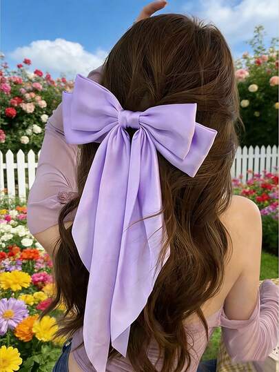1 pieza Morado malva Elegante retro unicolor Lazo grande con cinta Moño con cola larga Pasador francés Accesorios para el cabello Primavera, Adecuado para uso diario, Regalos, Fiestas, Moños, Lindo, Accesorios para la cabeza, Pinzas de garra
