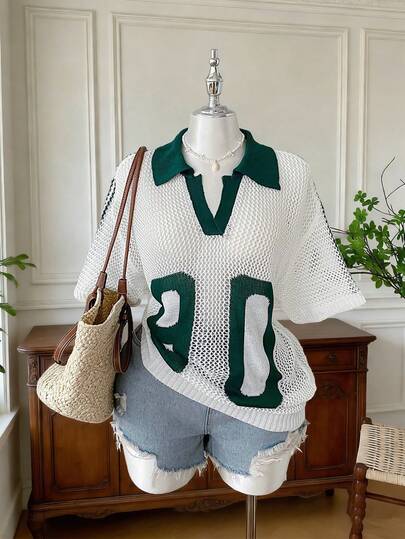 Women's New White Lapel Letter Print Hollow Knit Short Sleeve Printed Tops, Fashion Retro Sport Casual Preppy Style Y2K Street Style Yoga Running Cycling Going Out Shirt, Spring And Summer