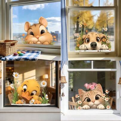 1pc Cartoon Dog & Cat Peeping Window Sticker, Static Cling No Residue, Cute Animal Face & Daisy Floral Design, Reusable, Easy To Apply And Remove Window Decor, Durable Sticker, Fun Indoor Decoration, Home Decor, Perfect For Pet Lovers
