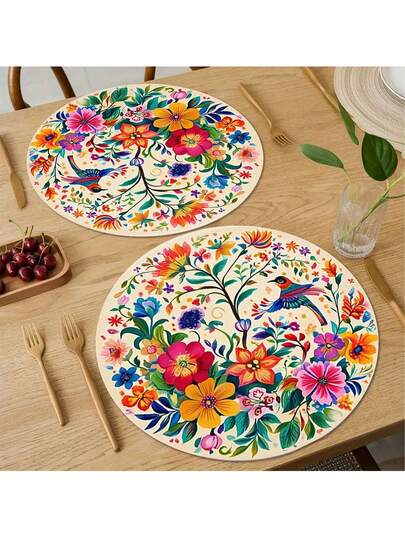 4/6pcs Vibrant Mexican-Style Floral And Bird Round Placemats, 37cm Linen Tablecloths With Colorful Flowers And Hummingbirds - Perfect For Parties, Kitchen And Dining Room Decor, Vibrant Placemats For Party Table Decorations, Durable Tableware
