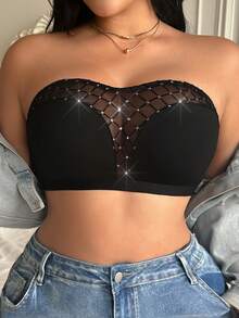 1pc Plus Size Women Strapless Camisole With Side Closure Design, Dotted Trim Decor, Anti-Slip Band, Suitable For Daily Wear And Layering, Quality, Women Lingerie - Black - View 1