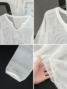 女士镂空针织罩衫，宽松轻薄透气毛衣上衣，竖条纹V领设计，夏季外套 - 杏色 - 查看 8