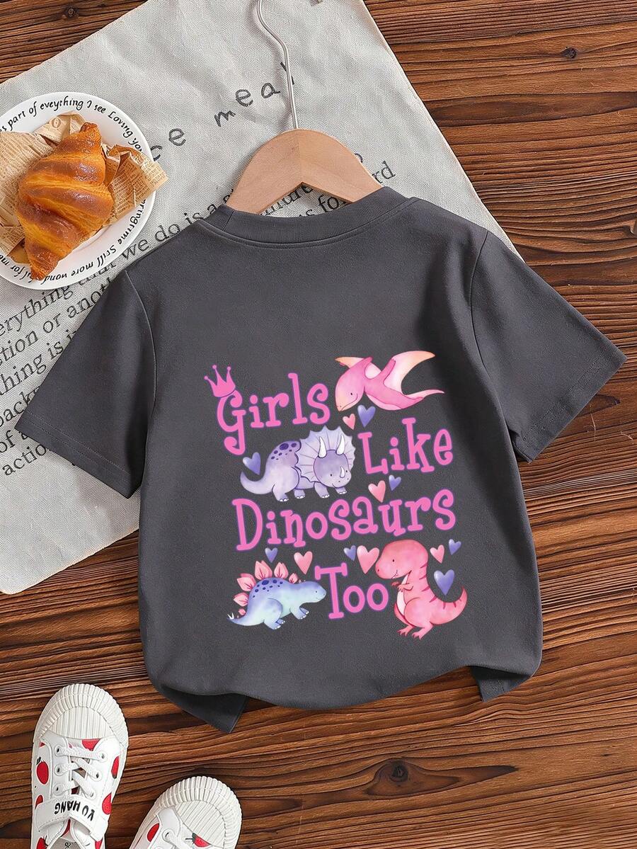 女童休闲趣味印花圆领短袖T恤，夏季上衣 - 深灰色 - 查看 1