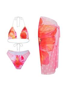 3件套印花三角比基尼上衣搭配长款网纱裙，女士夏季沙滩度假旅行套装 - 彩色 - 查看 5