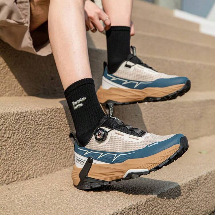 Men's Rotary Buckle Outdoor Couple Shoes, Lace-Up Breathable Mesh Casual Sports Shoes, Suitable For Hiking - Lime Blue - View 3