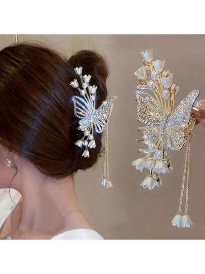 1个别致花朵蝴蝶水钻仿珍珠流苏发夹，锌合金仙女风发饰，理想礼物，女士发饰，秋季，旅行，美发工具，女士配饰，发夹，秋季，女士发饰，美发工具，发饰，优雅爪夹发饰