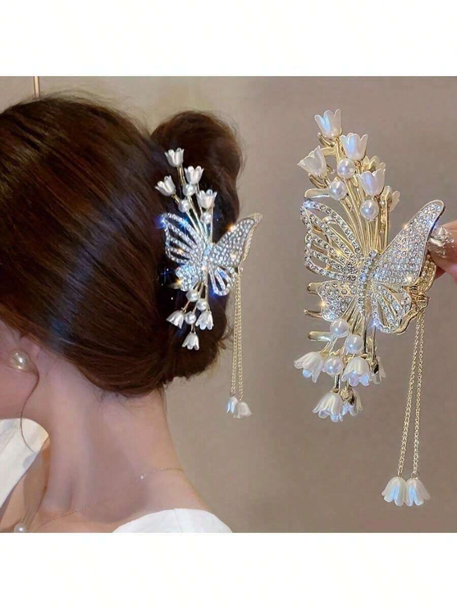 1个别致花朵蝴蝶水钻仿珍珠流苏发夹，锌合金仙女风发饰，理想礼物，女士发饰，秋季，旅行，美发工具，女士配饰，发夹，秋季，女士发饰，美发工具，发饰，优雅爪夹发饰