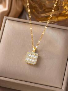 Conjunto de joyería de 3 piezas con colgante cuadrado dorado y aretes, estilo lujoso y elegante, adecuado para fiestas, eventos y uso diario (empaquetado en bolsa de OPP) - Dorado - Ver 2
