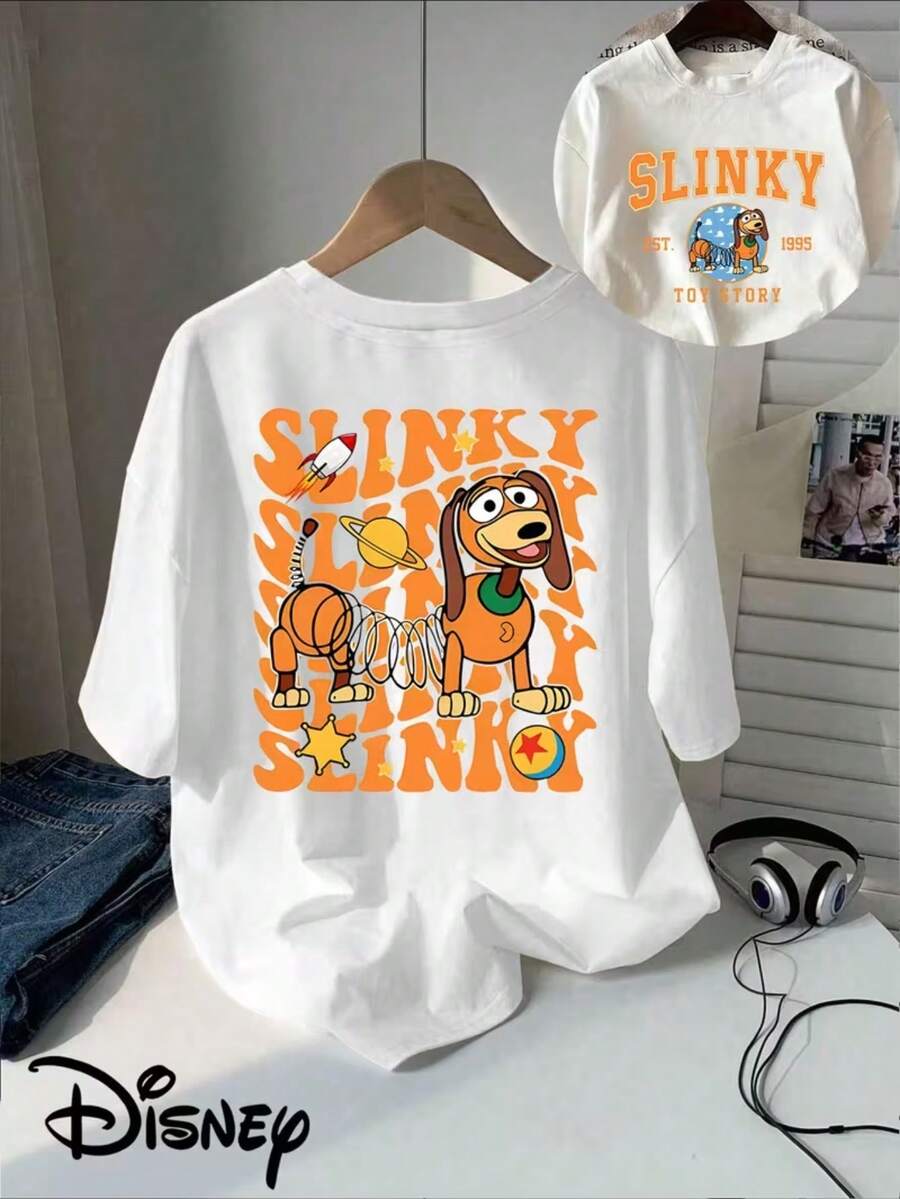 [Authorized By Disney] Short-Sleeved T-Shirt With Multi-Layer "SLINKY" Rocket Planet Decoration On The Back And "SLINKY EST.1995TOY STORY" Logo Printed On The Front, Wrapped Collar And Threaded Collar And Shoulder Line, Short-Sleeved T-Shirt That Is Not Easily Deformed By Washing Is Suitable For Women In Spring And Summer-Comfortable. - 白色 - 查看 1