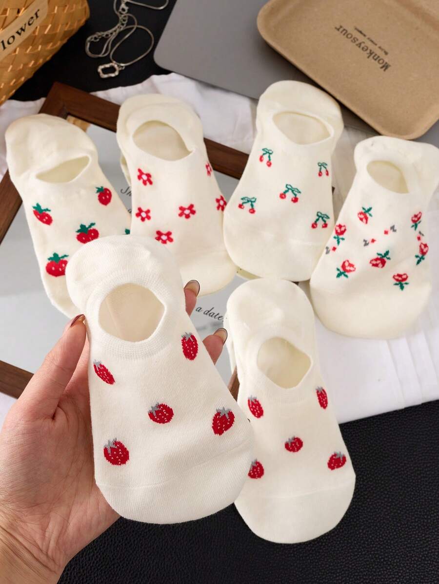 5 Pairs Cherry & Strawberry Pattern White Women's Boat Socks, Non-Slip, Breathable, Suitable For Spring/Summer - White - View 1