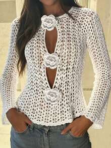 Women's Delicate 3D Floral Hollow Out Knit Cover Up, Sexy Cropped Versatile Sheer Cover Up - White - View 4