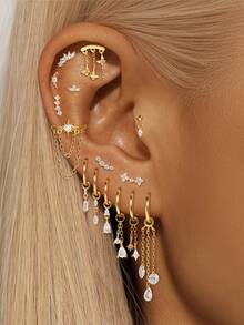 一套女士925纯银流苏耳环，精致首饰，适合日常佩戴、婚礼和订婚场合 - 金色 - 查看 13