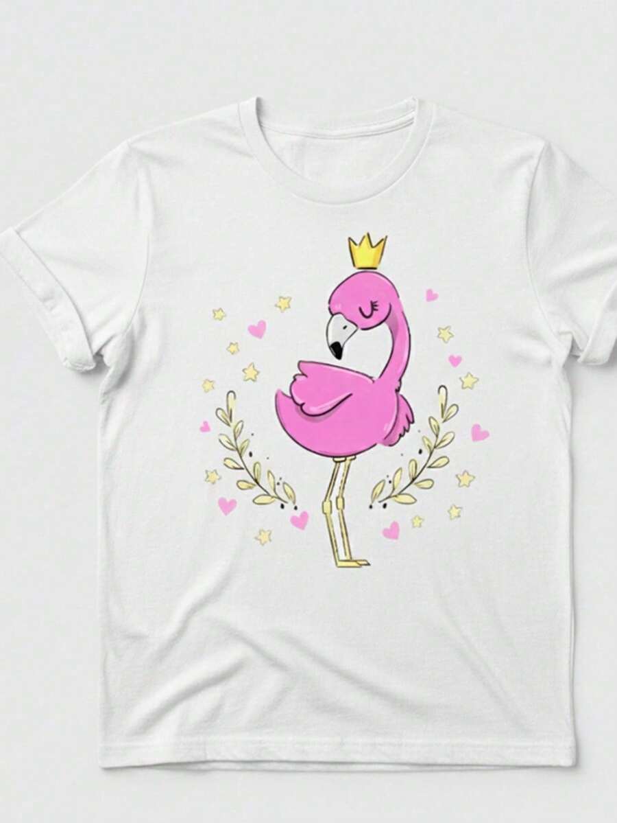 Tshirt Feminina Estilosa Estampada Flamingo Coroa Lançamento Camiseta 100% Algodão Camisetão Solta Oversized Plus Size Camiseta - GM MODAS - Branco - Visão 1