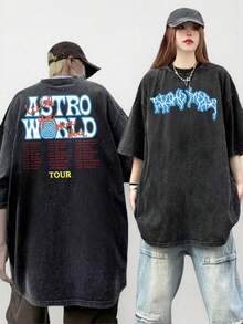 Unisex Vintage Washed Loose Black T-Shirt Short-Sleeve Top, Unisex Astro World Tour Themed Printed Shirt, 100% Cotton Oversized Hip-Hop Washed Tee,  Pattern Short-Sleeve Gift Style "Mom I Can Fly" K39, Men's Shirts, Men's Clothing, Summer Outfits, Summer Tops, Graphic Tee, St. Patrick's Day Outfit, Easter Outfits, Spring Clothing - 黑色 - 查看 3