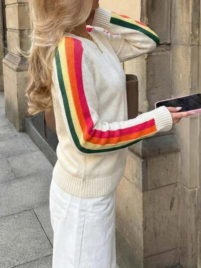 Women's Colorful Rainbow Striped Casual Crew Neck Long Sleeve Lightweight Sweater, Autumn/Winter