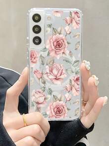 Watercolor Pink Rose Floral Phone Case Cover With Green Leaves, Magnetic Design Enables Wireless Charging, Slim Protective Back Cover For Women Elegant Flower Pattern Design Shockproof Protective Case Compatible With Samsung Galaxy S26Ultra S26Plus S26 S25 S24 S23 S22 Plus FE Edge A56 A54 A36 A35 17promax 17Air 17pro 17 16E 16 15 14 13 12 11 X XS XSMAX Plus Pro Case - Trong sáng - Xem 12