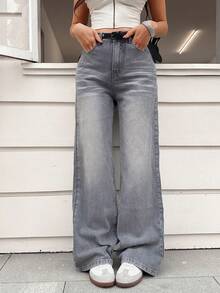 Jeans de cintura alta y pierna recta para mujer, ropa casual y versátil para la calle - Gris - Ver 1