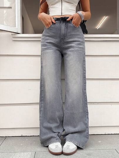 Women's High Waist Straight Leg Jeans, Casual Streetwear Versatile