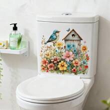 1 pieza Pegatina para asiento de inodoro con estampado floral y de mariposas de estilo campestre, pegatina autoadhesiva de PVC extraíble, adecuada para decorar el borde de la tapa del inodoro del baño, la cubierta de la bañera, el tanque, crear un ambiente festivo, decoración de primavera - 1PC - Ver 1