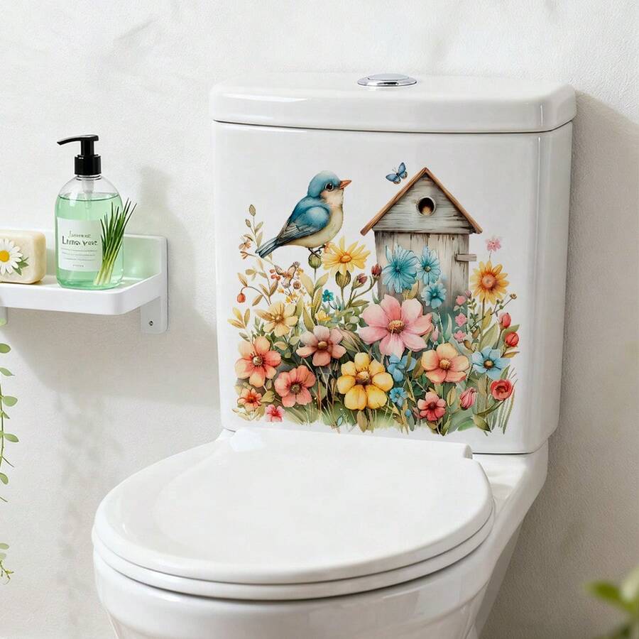 1 pieza Pegatina para asiento de inodoro con estampado floral y de mariposas de estilo campestre, pegatina autoadhesiva de PVC extraíble, adecuada para decorar el borde de la tapa del inodoro del baño, la cubierta de la bañera, el tanque, crear un ambiente festivo, decoración de primavera - 1PC - Ver 1