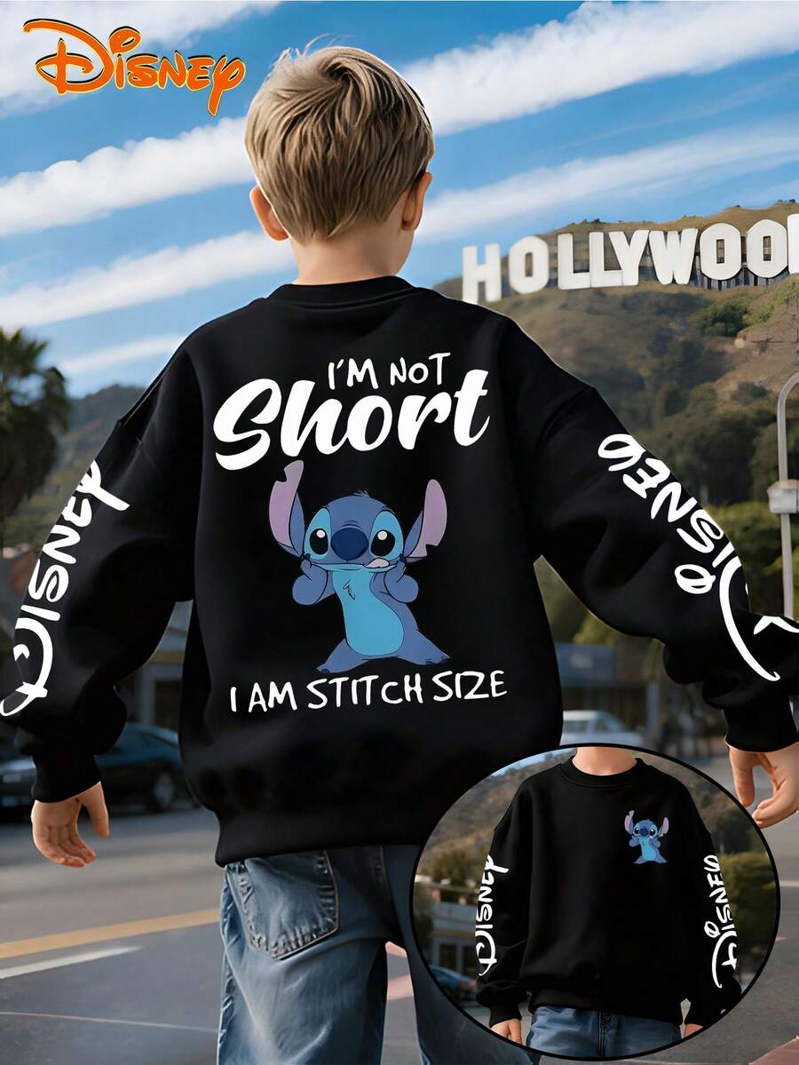 Disney Lilo & Stitch "I'm Not Short I Am Stitch Size" Black Crewneck Sweatshirt, Humorous Quote Print, Multi-Sleeve Disney Logo, Double-Sided Design, Soft Fleece Lining, Oversized Fit, Casual Style, Perfect For Fans & Daily Outfits, Unisex - màu đen - Xem 1