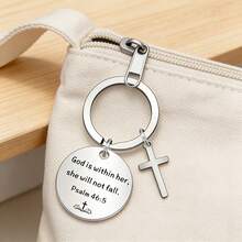 基督教圣经经文钥匙扣 - “神在她里面，她必不至动摇”诗篇 46:5，不锈钢圆形十字架吊坠，女性宗教礼物 - Old Gold - 查看 3