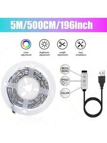 1卷RGB LED灯带，USB供电即插即用，自带背胶，安装简便，无需遥控器，可通过数据线上的按钮切换颜色和模式，适用于桌面、电视、电脑背景、节日派对、家居装饰等，多功能氛围灯带，建议1米至5米长度，可自由裁剪以适应不同场景，打造多彩温馨的个性化照明空间！ - USB-三鍵控制器 - 查看 17