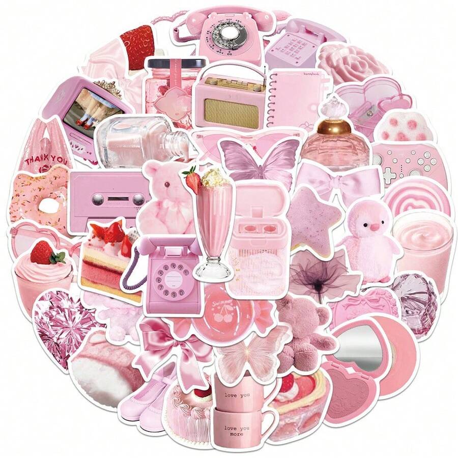 50 Stücke süße rosa Mädchen Aufkleber, geeignet zum Dekorieren von Tagebüchern, Laptops, Tassen, Handys, Skateboards und anwendbar für Scrapbooking, Tagebücher, Dekorationen - Wassermelonenrosa - Übersicht 1