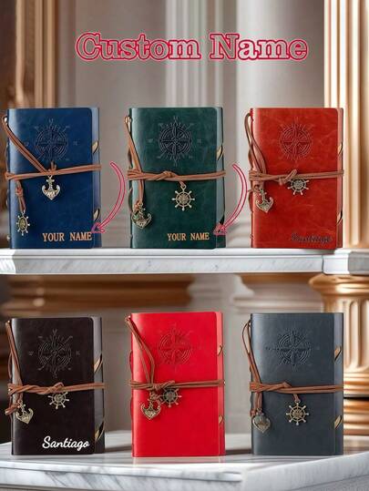 1pc Customized Pirate Notebook, One Matte Finish Vintage Leather Journal - Antique Pirate Themed Compass Design Hard Cover Writing Diary With Metal Clasp And Spiral Binding